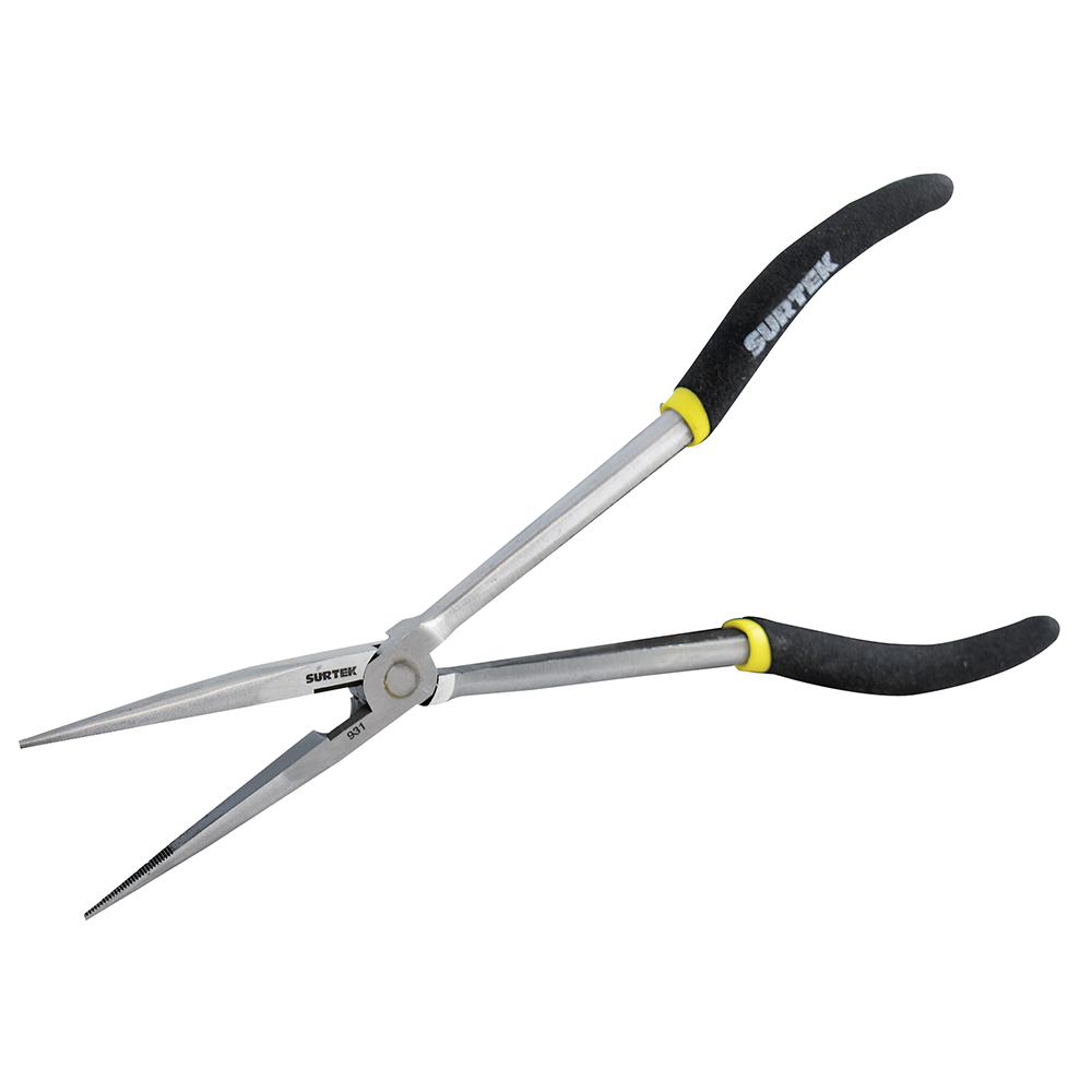 Pinza extra larga para electricista con mango doble plastisol punta fina de 11"