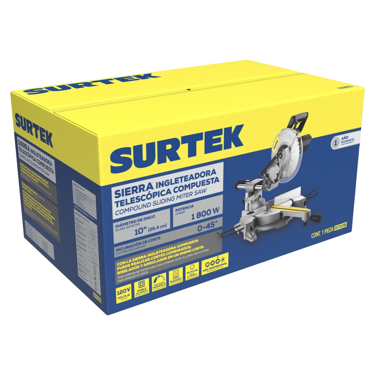 Sierra de inglete telescópica 10", 1800 W, 120 V, 4500 RPM