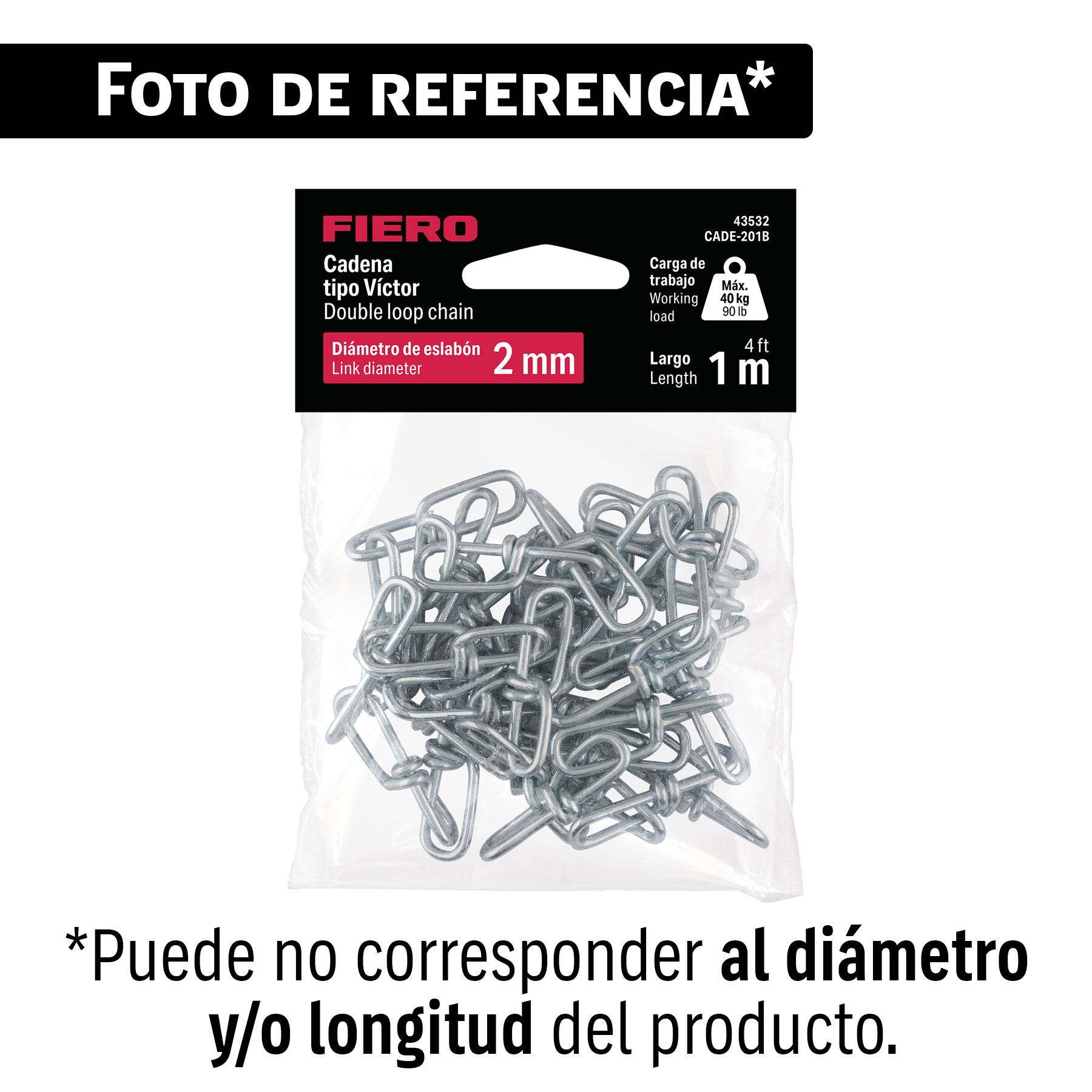 Bolsa con 3 metros de cadena tipo victor de 2 mm, FIERO