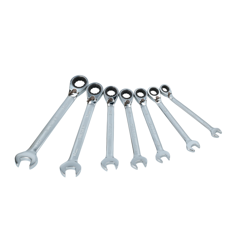 Juego de llaves combinadas pulido espejo de matraca rev mét, 12 puntas,7 pz en rack