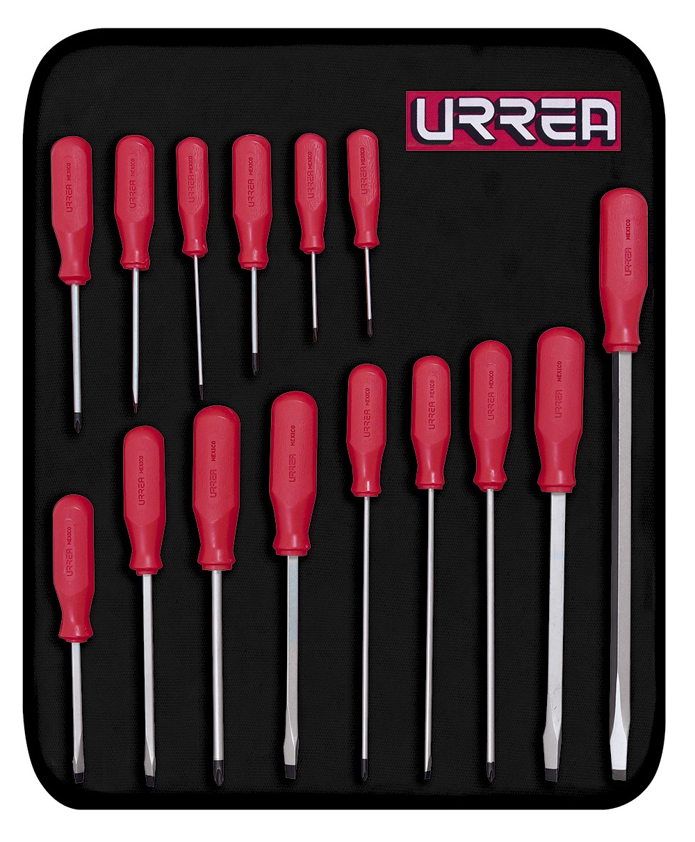 Juego de destornilladores con mango rojo, combinados, 15 piezas en estuche