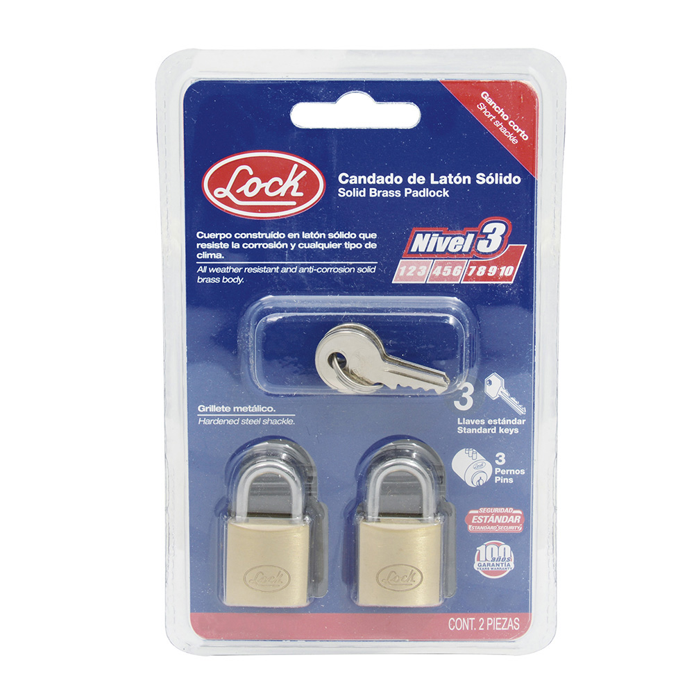 Juego de candados de latón cortos 25 mm, llave estándar, 2 piezas