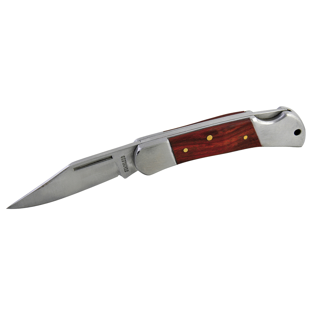 Navaja abatible de acero inoxidable con mango de madera, 6"