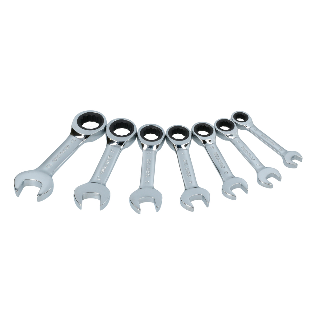 Juego de llaves combinadas cortas pulido espejo de matraca mét, 12 puntas,7 pz en rack