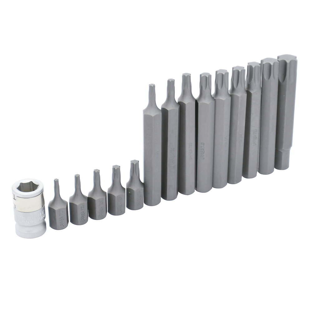 Juego de puntas torx cortas y largas hexágono de 3/8" con adaptador, 15 piezas en blíster