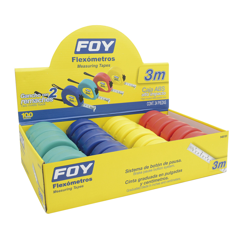 Flexómetros con carcasa de plástico colores en display, 3 m x 13 mm