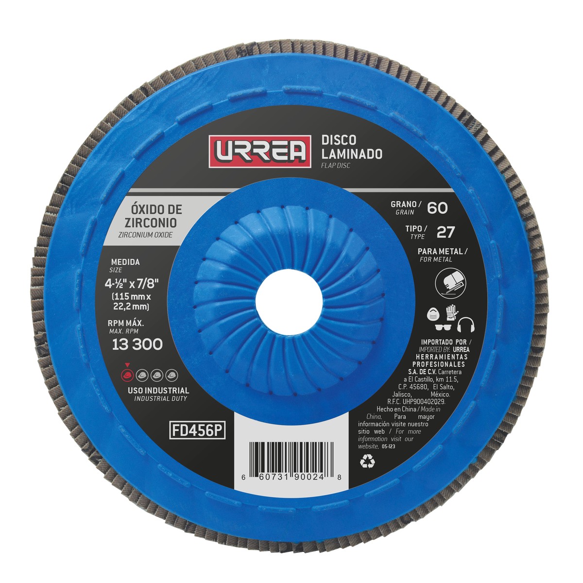 Disco laminado tipo 27 grano 60 con respaldo plástico, 4-1/2"