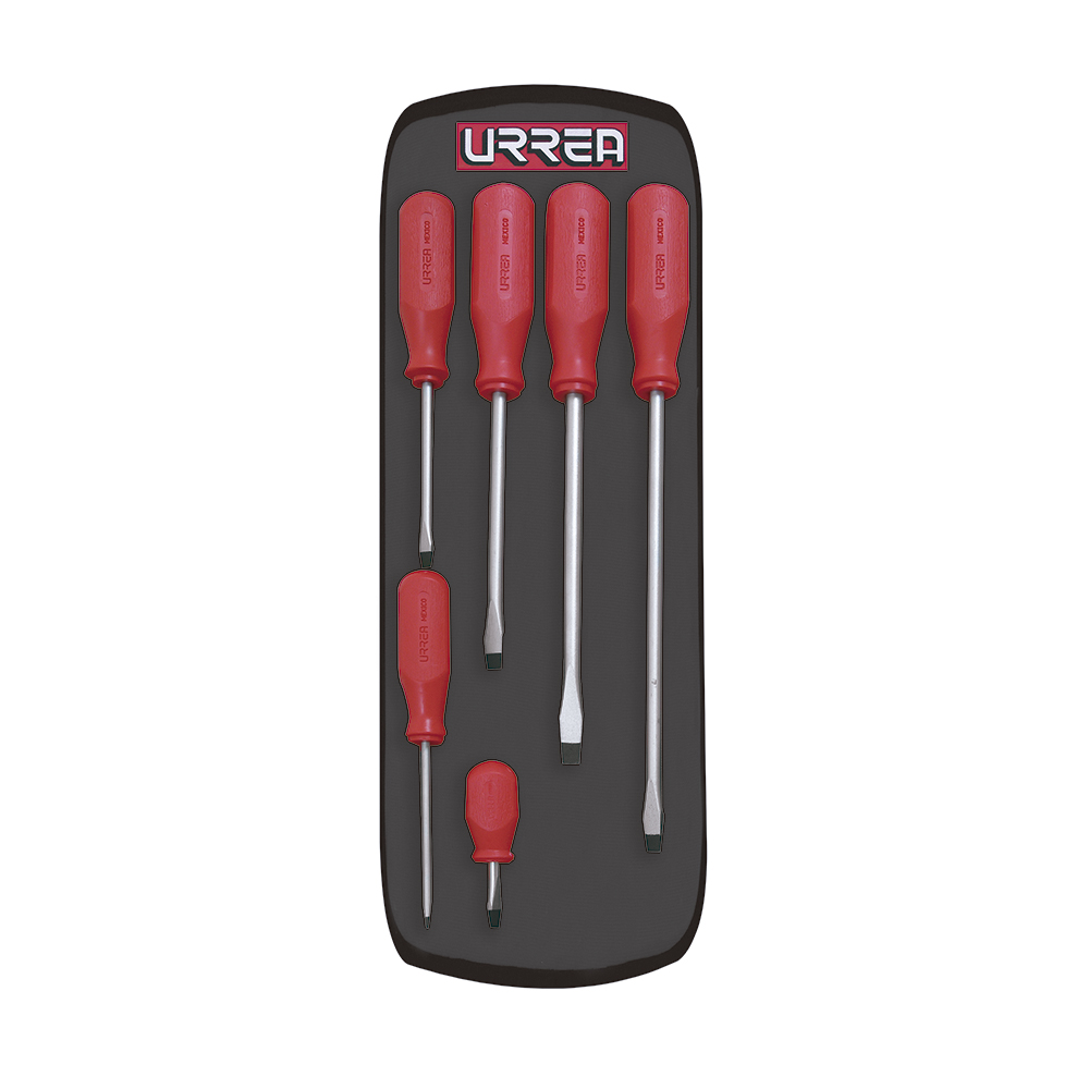 Juego de destornilladores con mango rojo, punta plana, 6 piezas en estuche