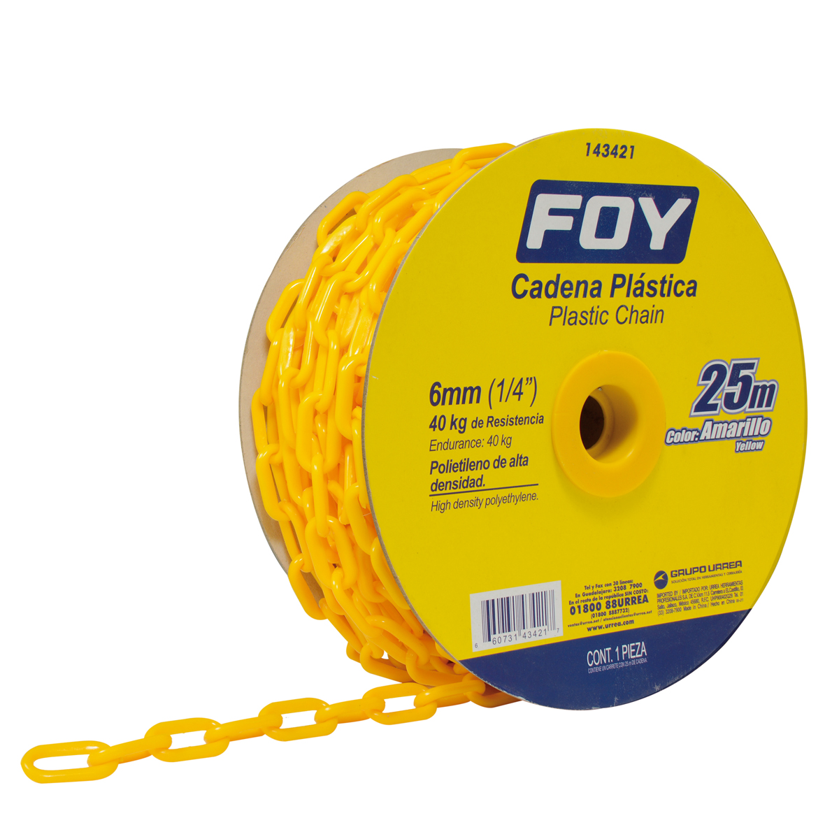 Cadena plástica calibre 6 mm de 25 m, color amarillo