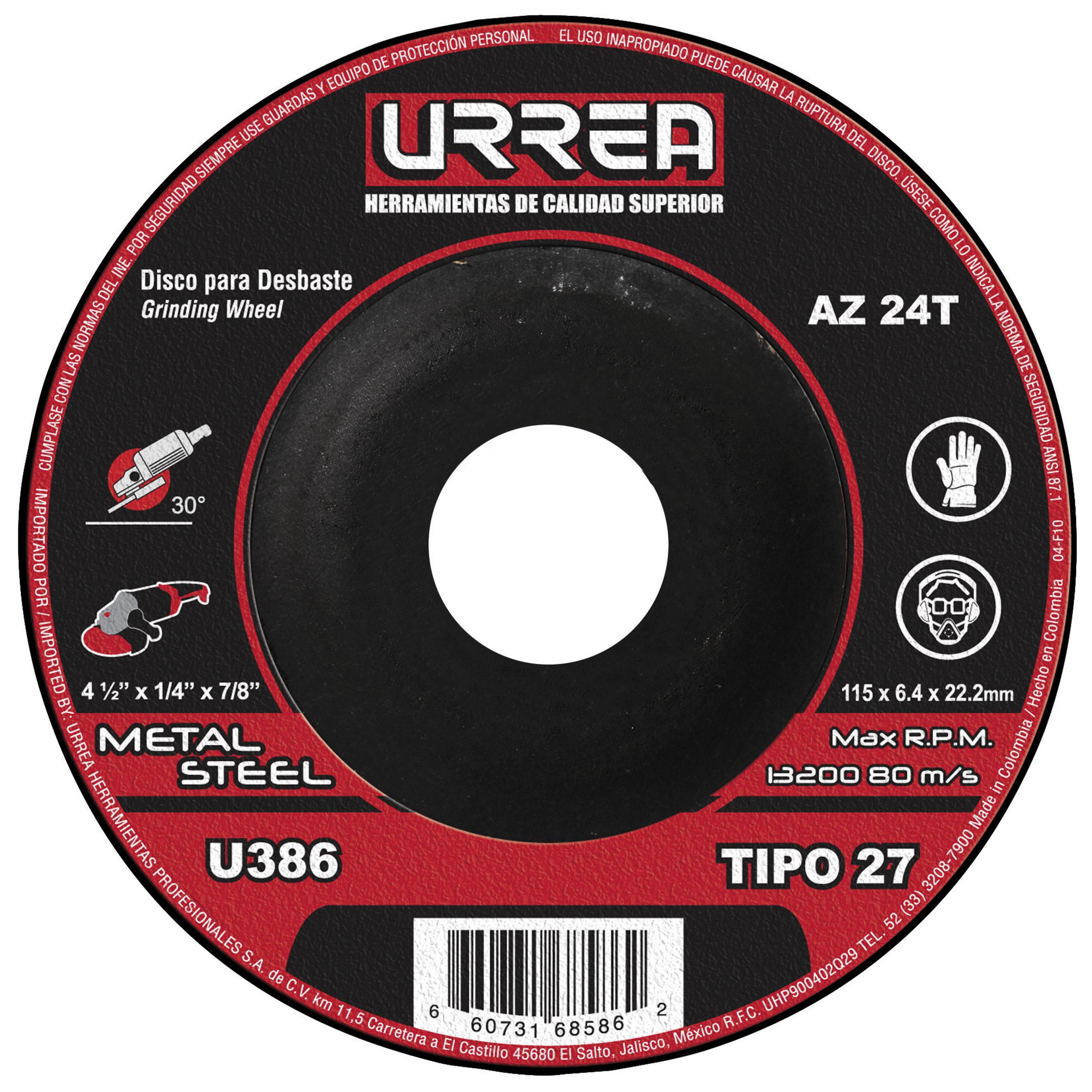 Disco abrasivo tipo 27 para metal con resinas, 4-1/2" x 1/4",13,200 RPM