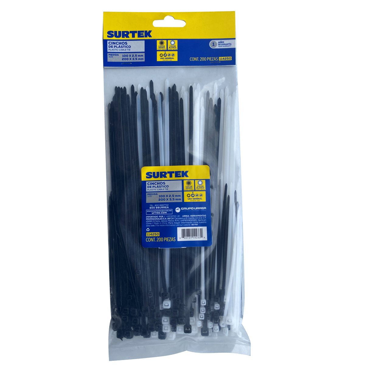 Cinchos de plásticos combinados en bolsa, tensión 8kg de 200 piezas, color natural y negro