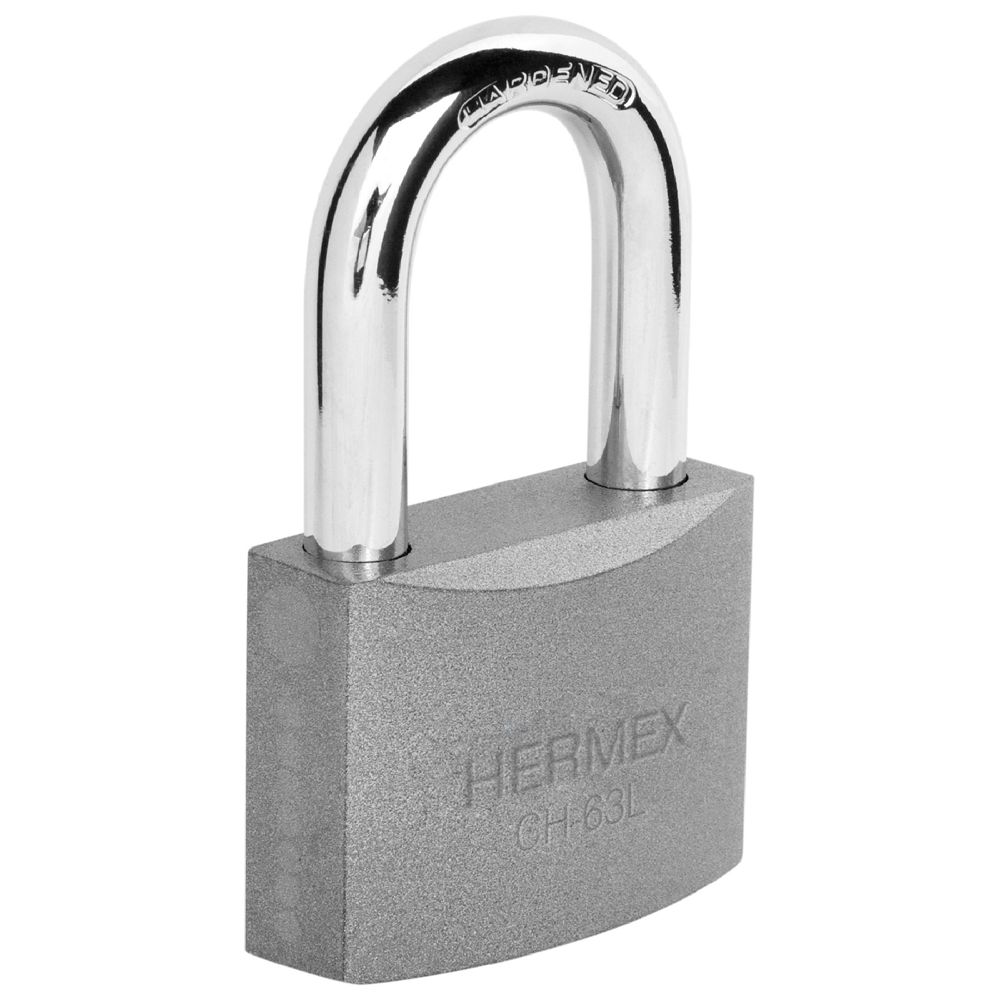 Candado de hierro 63 mm, gancho largo en caja, HERMEX