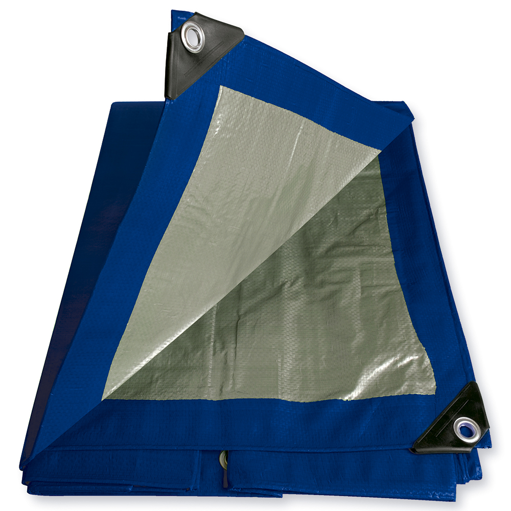 Lona de polietileno color azul con fondo plata, 2.74 x 3.65 m