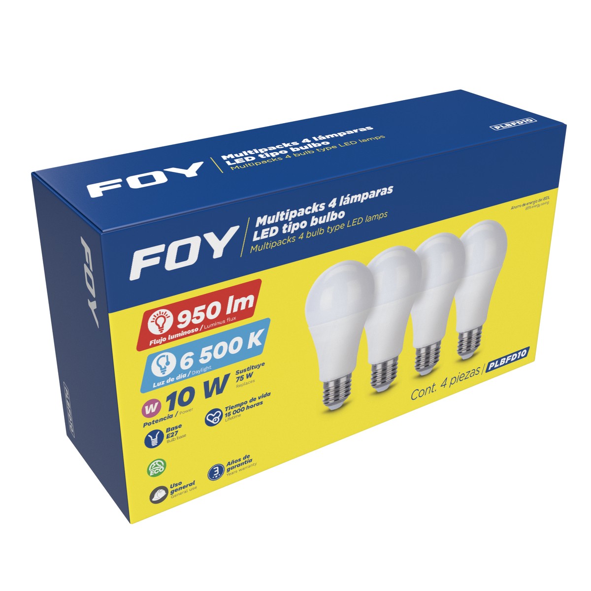 Paquete de 4 lámparas de LED tipo bulbo A19, 10 W luz de día