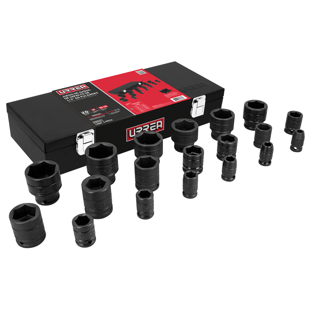 Juego de dados de impacto cuadro de 1/2", 6 puntas, en pulgadas, 19 piezas en caja