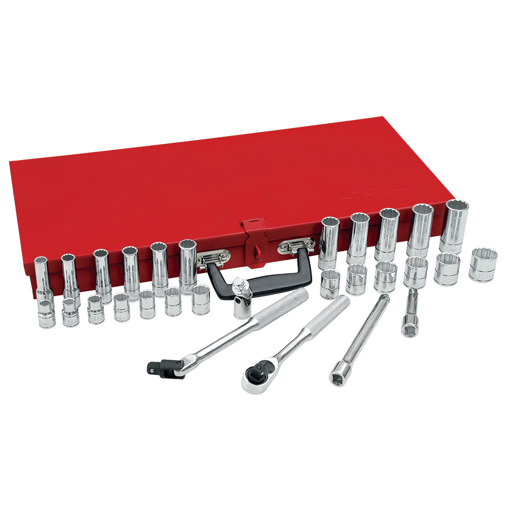 Juego de dados y accesorios cuadro de 3/8" métrico 12 puntas, 30 piezas