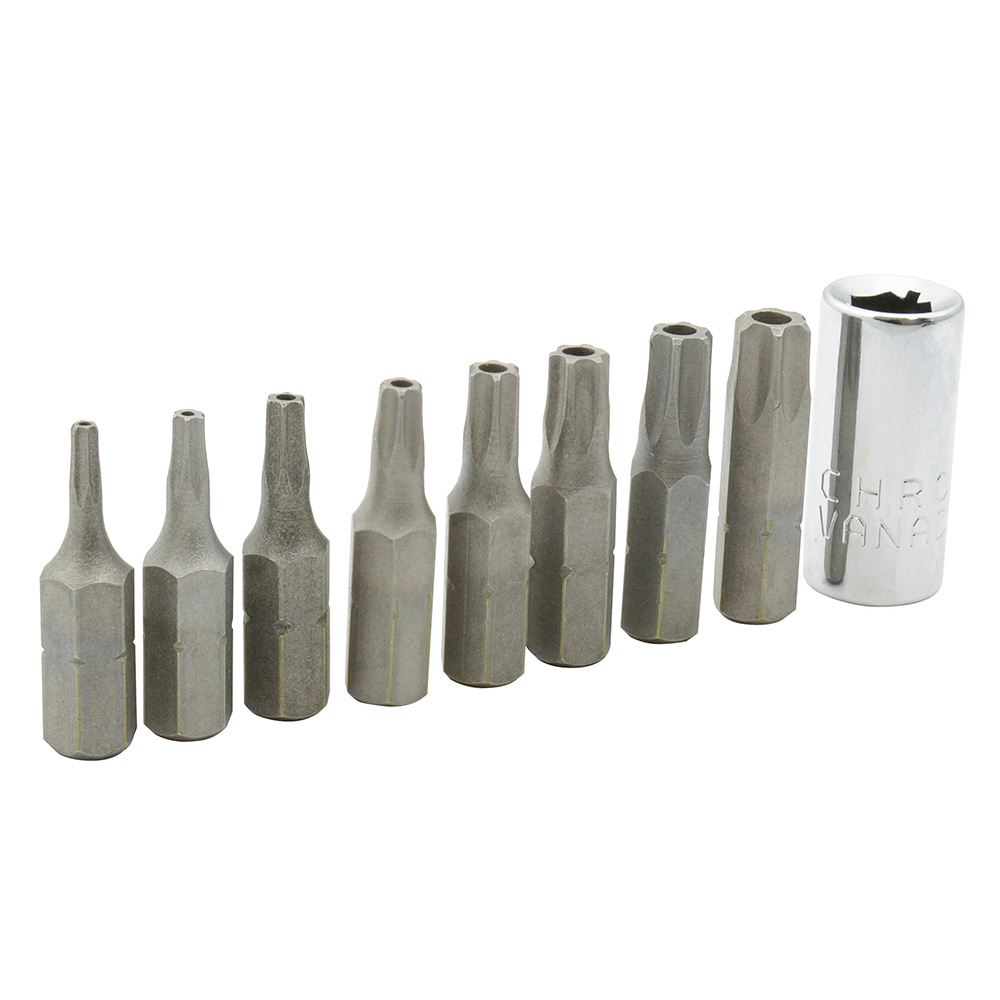 Juego de puntas torx de seguridad hexágono de 1/4", 9 piezas en blíster