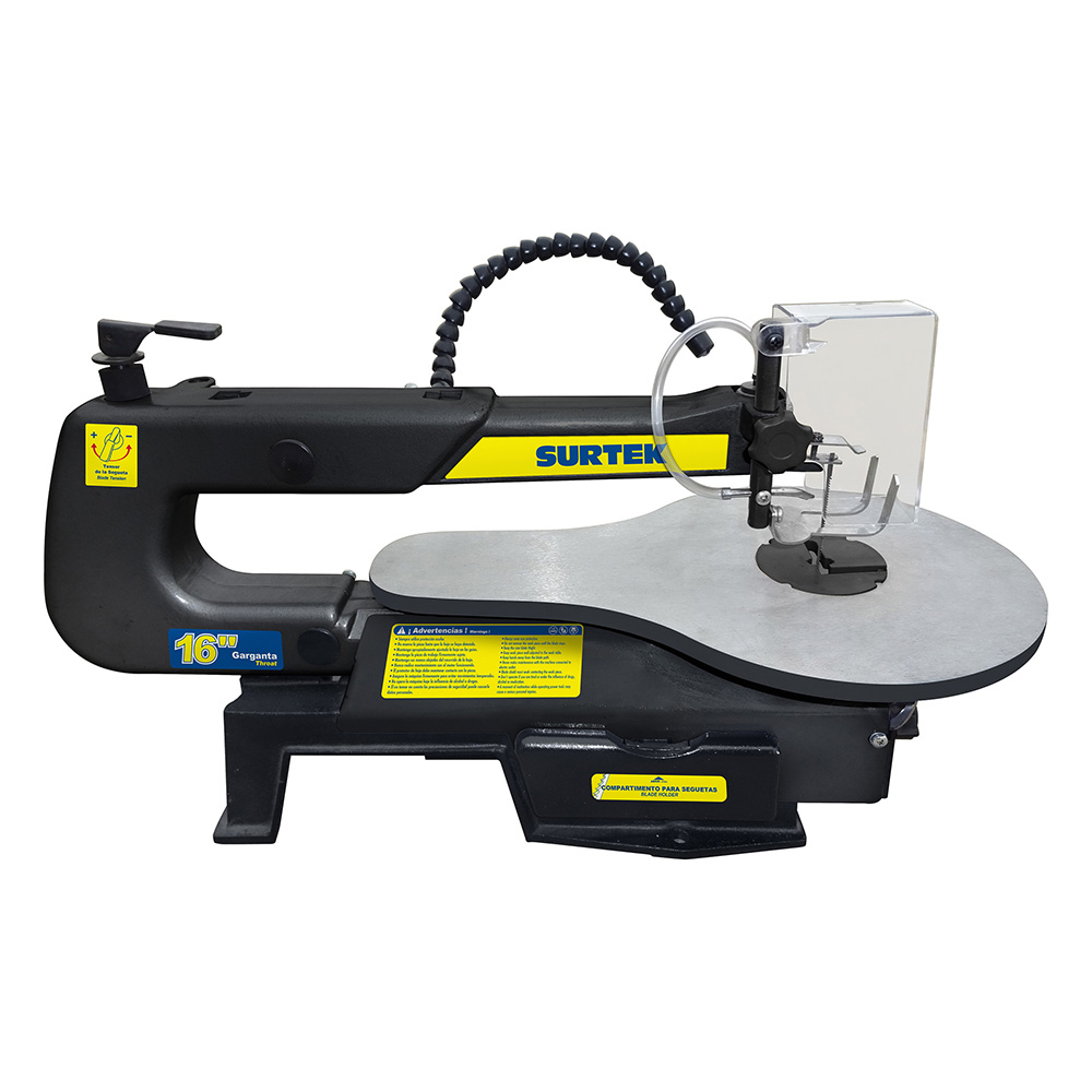 Sierra caladora de banco con compartimiento para guardar seguetas, 16",90 W,120 V,1600 RPM