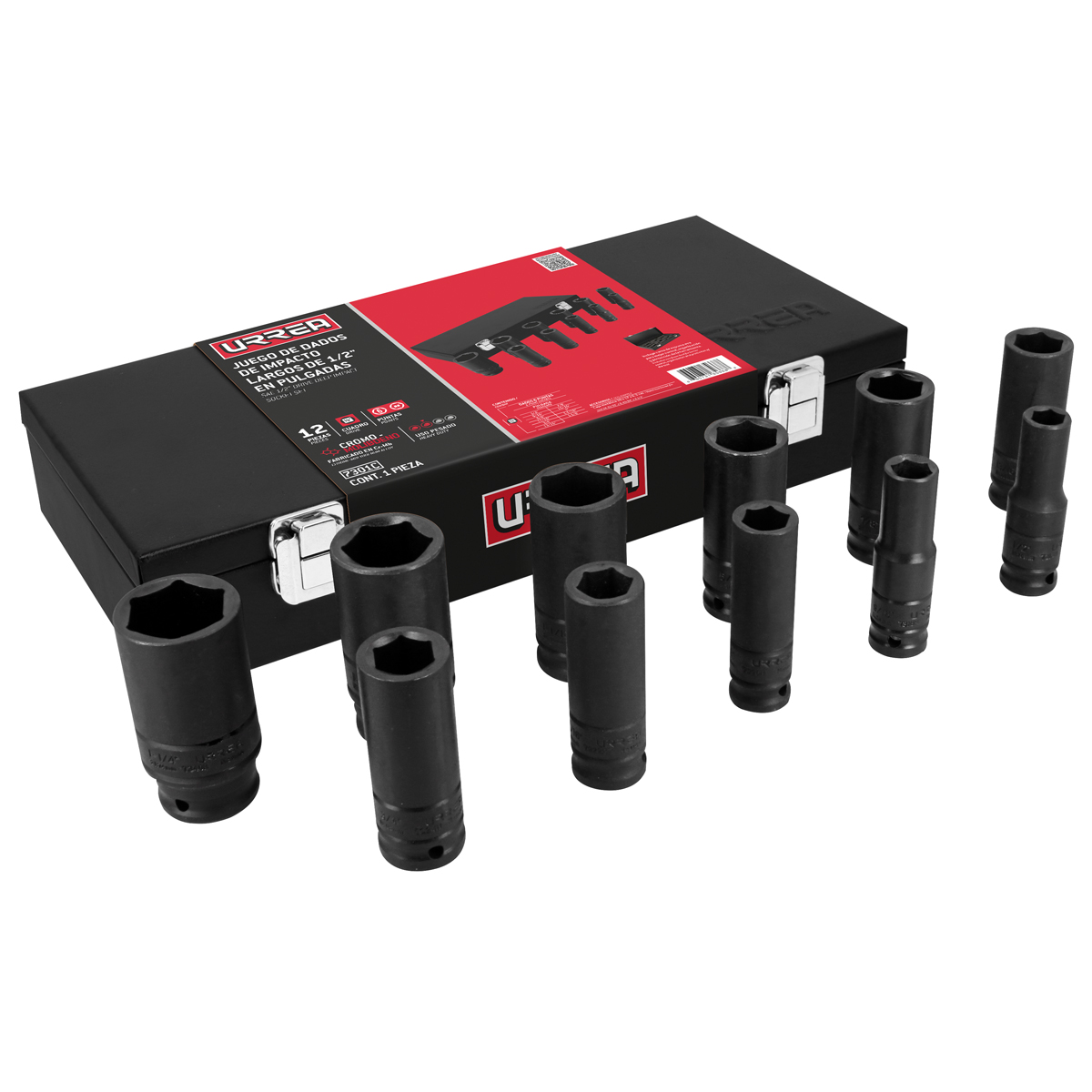 Juego de dados largos de impacto cuadro de 1/2", 6 puntas, en pulgadas, 11 piezas