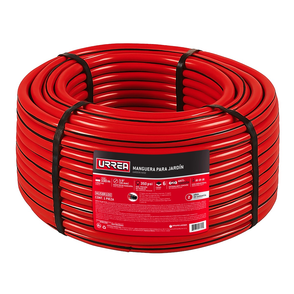 Manguera para jardín de 6 capas reforzada con conector metálico robusto 5/8", 100 m