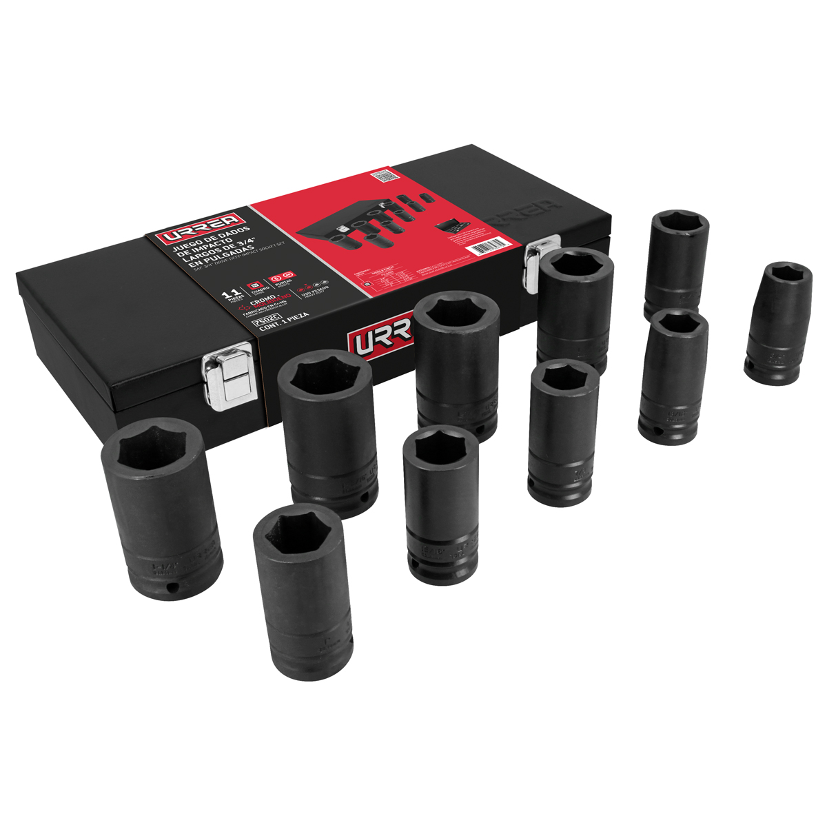 Juego de dados largos de impacto cuadro de 3/4", 6 puntas, en pulgadas, caja metálica, 10