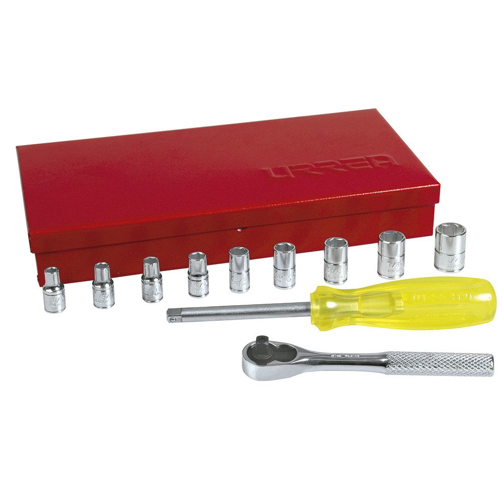 Juego de dados y accesorios cuadro de 1/4" en pulgadas caja metálica, 12 piezas