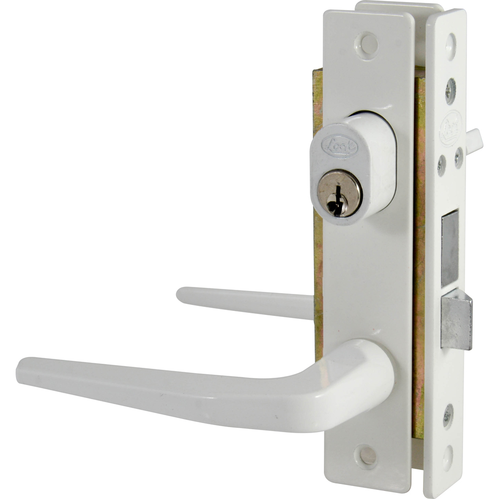 Cerradura clásica para puerta de aluminio función sencilla, blanco, llave estándar