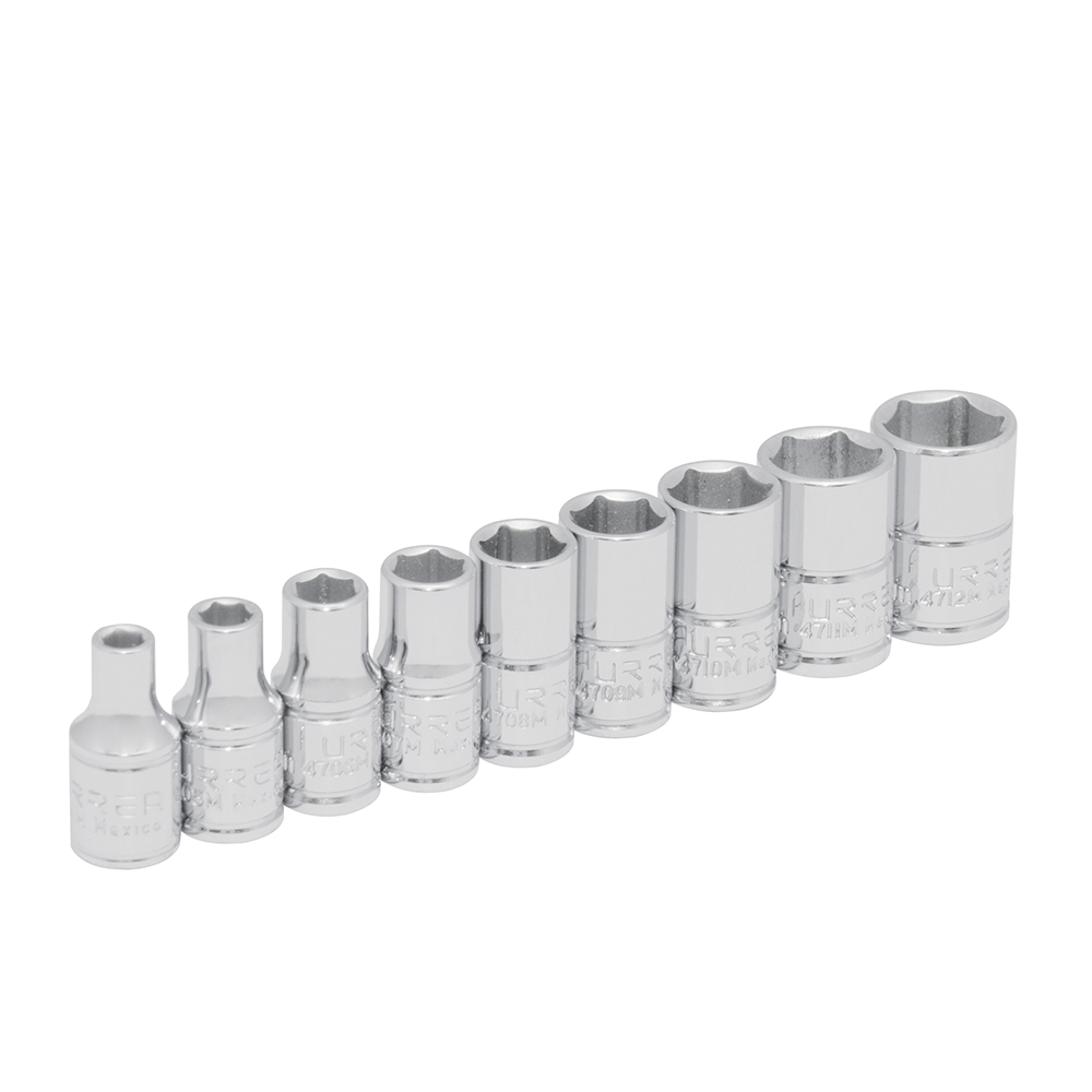 Juego de dados cuadro de 1/4", 6 puntas, métricos, 9 piezas