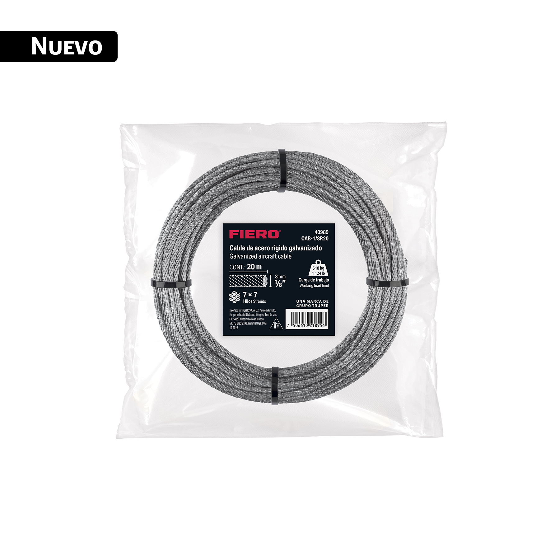 Cable rígido 1/8' x 20 m, acero galvanizado, FIERO