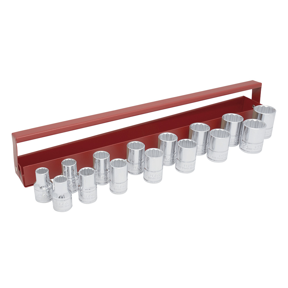 Juego de dados cuadro de 1/2", 12 puntas, métricos,caja portadados, 15 piezas