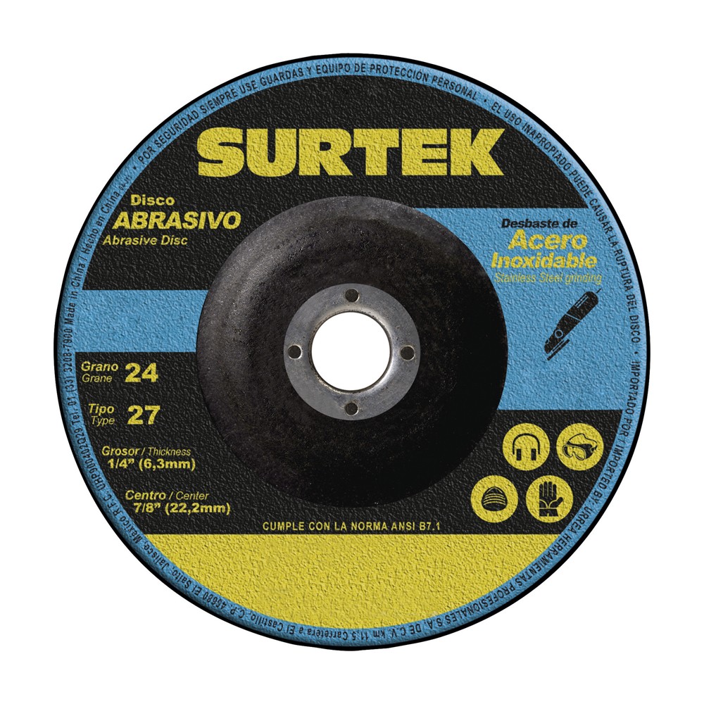 Disco abrasivo tipo 27 para metal, 7" x 1/4",8,500 RPM