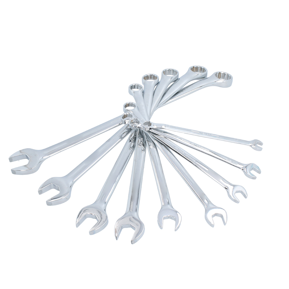Juego de llaves combinadas extra largas pulido espejo en pulgadas, 12 puntas, 9 pz en rack