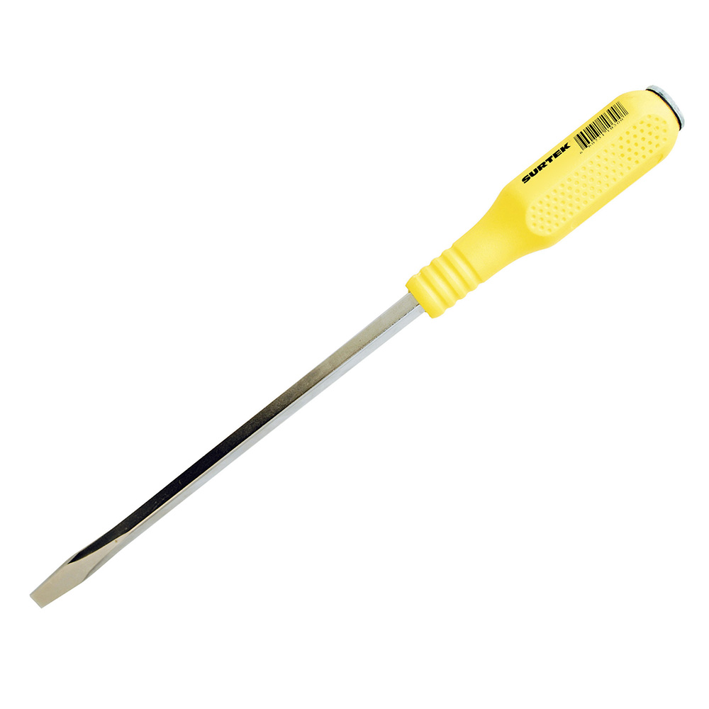 Destornillador con mango amarillo de golpe, punta plana barra cuadrada 1/4" x 6"