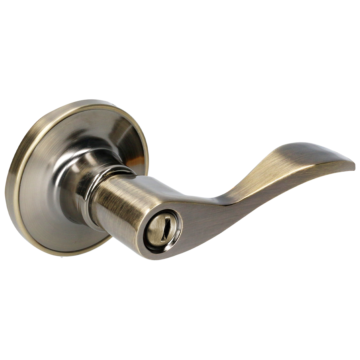 Manija tubular curva función baño, latón antiguo, llave estándar, blíster.