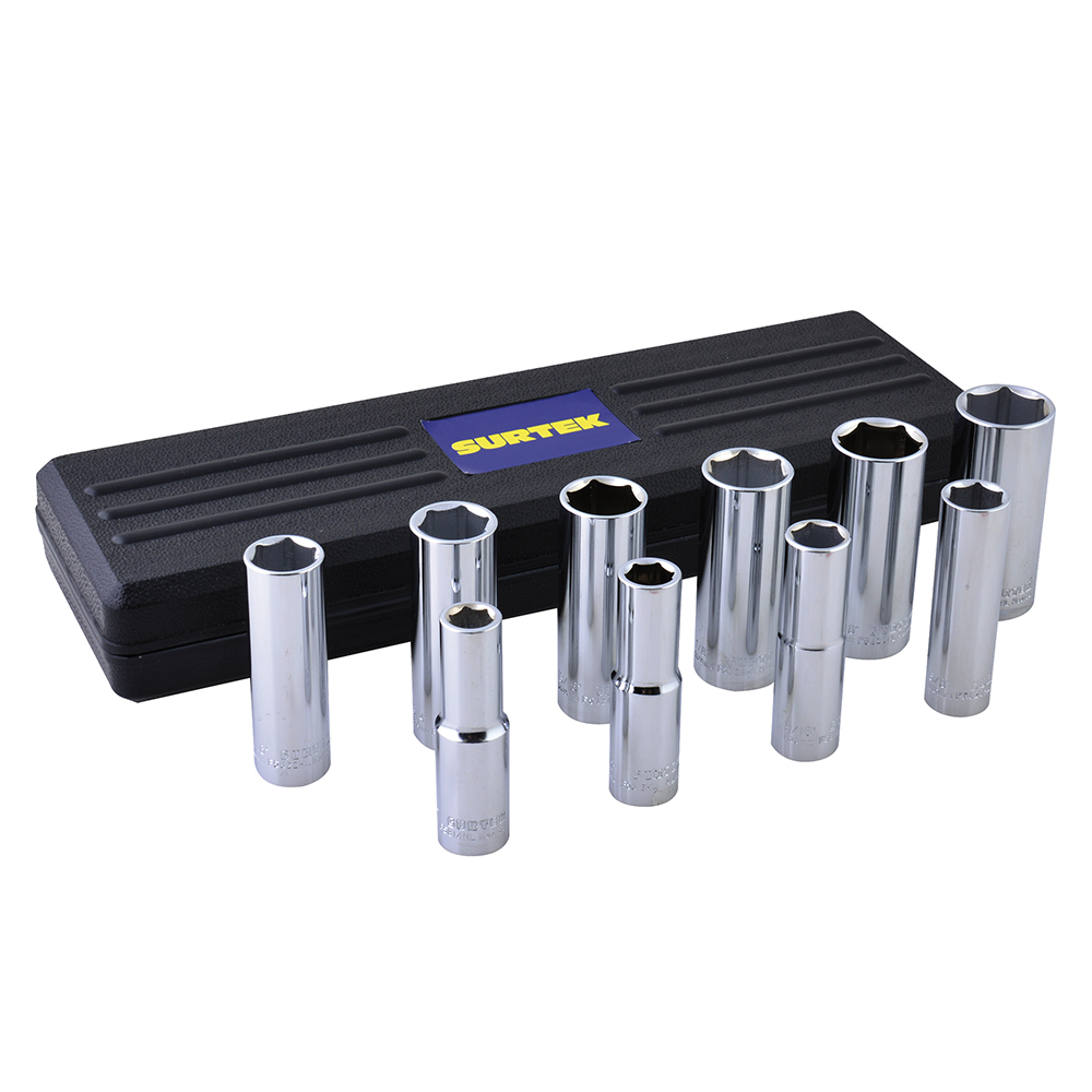 Juego de dados largos cuadro de 1/2" 6 puntas, en pulgadas, 10 piezas