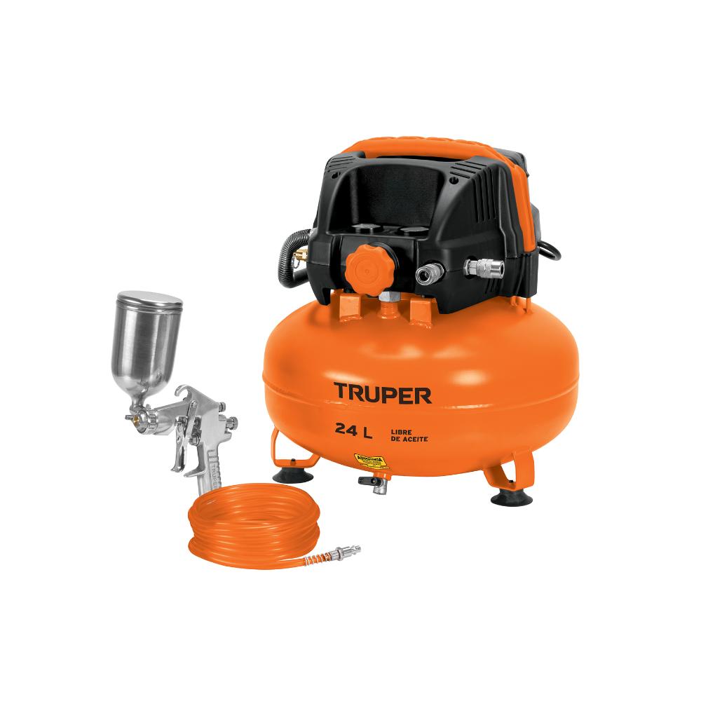 Kit compresor libre de aceite 24L, manguera y pistola,TRUPER