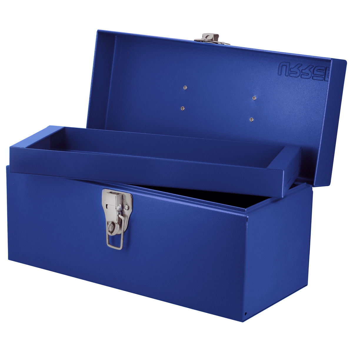 Caja portaherramientas métalica con asa plástica color azul 14" x 6" x 6"