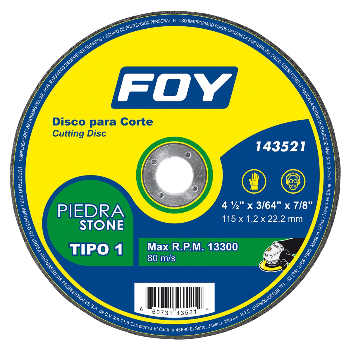 Disco abrasivo tipo 1 para piedra, 4-1/2" x 3/64"