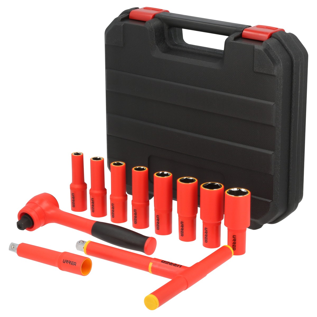 Juego de dados y accesorios cuadro de 1/2" métricos para 1000 V, caja plástica, 11 piezas