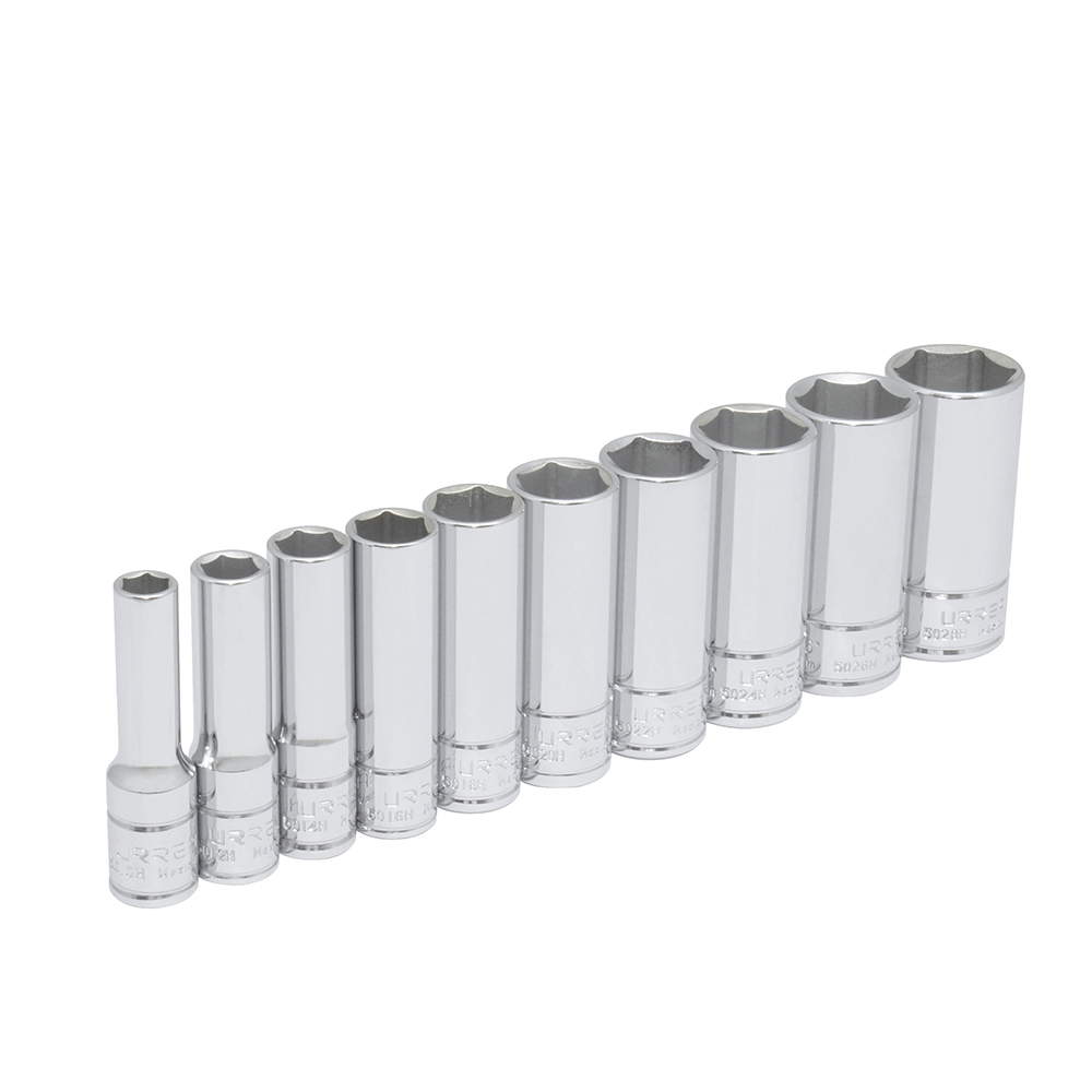 Juego de dados largos cuadro de 3/8", 6 puntas, en pulgadas, 10 piezas
