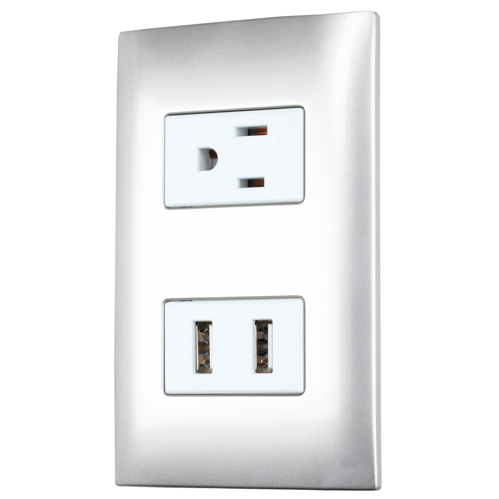 Placa 1 contacto 1 USB doble 1/3, línea Americana, color plata