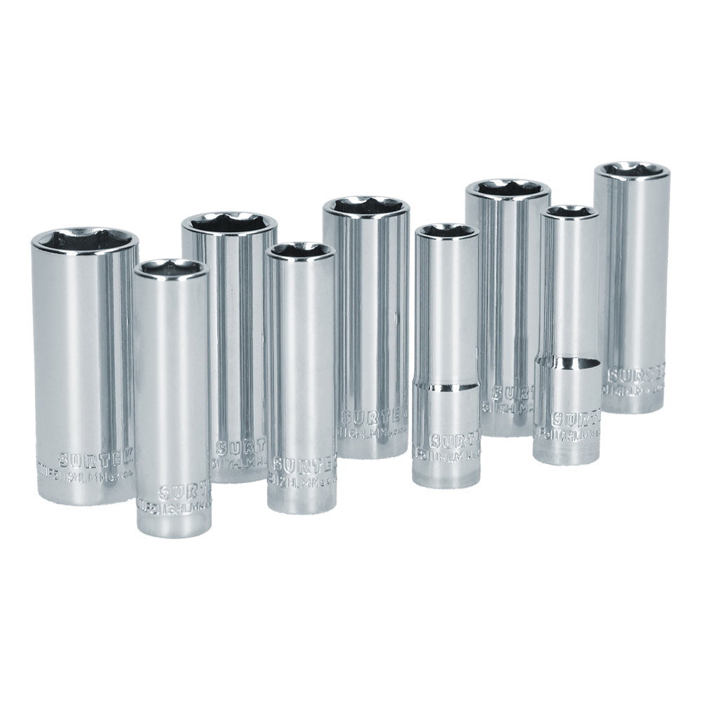 Juego de dados largos cuadro de 3/8", 6 puntas, métricos, 9 piezas