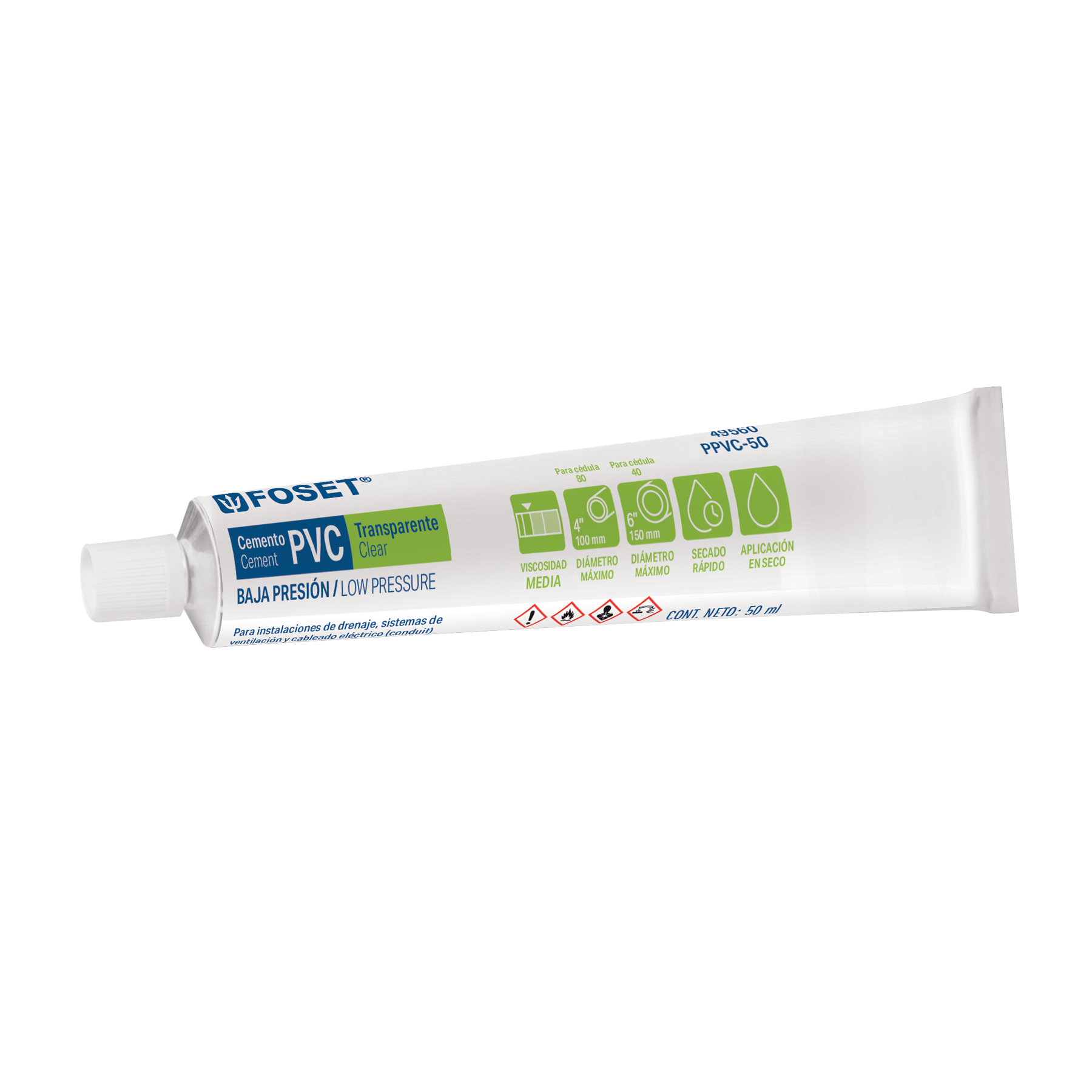 Cemento p/PVC, transparente, baja presión, tubo 50ml, FOSET