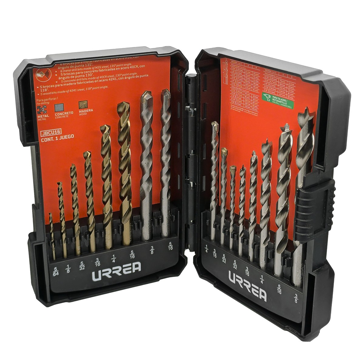 Juego combinado de brocas para metal, concreto y madera, 16 piezas