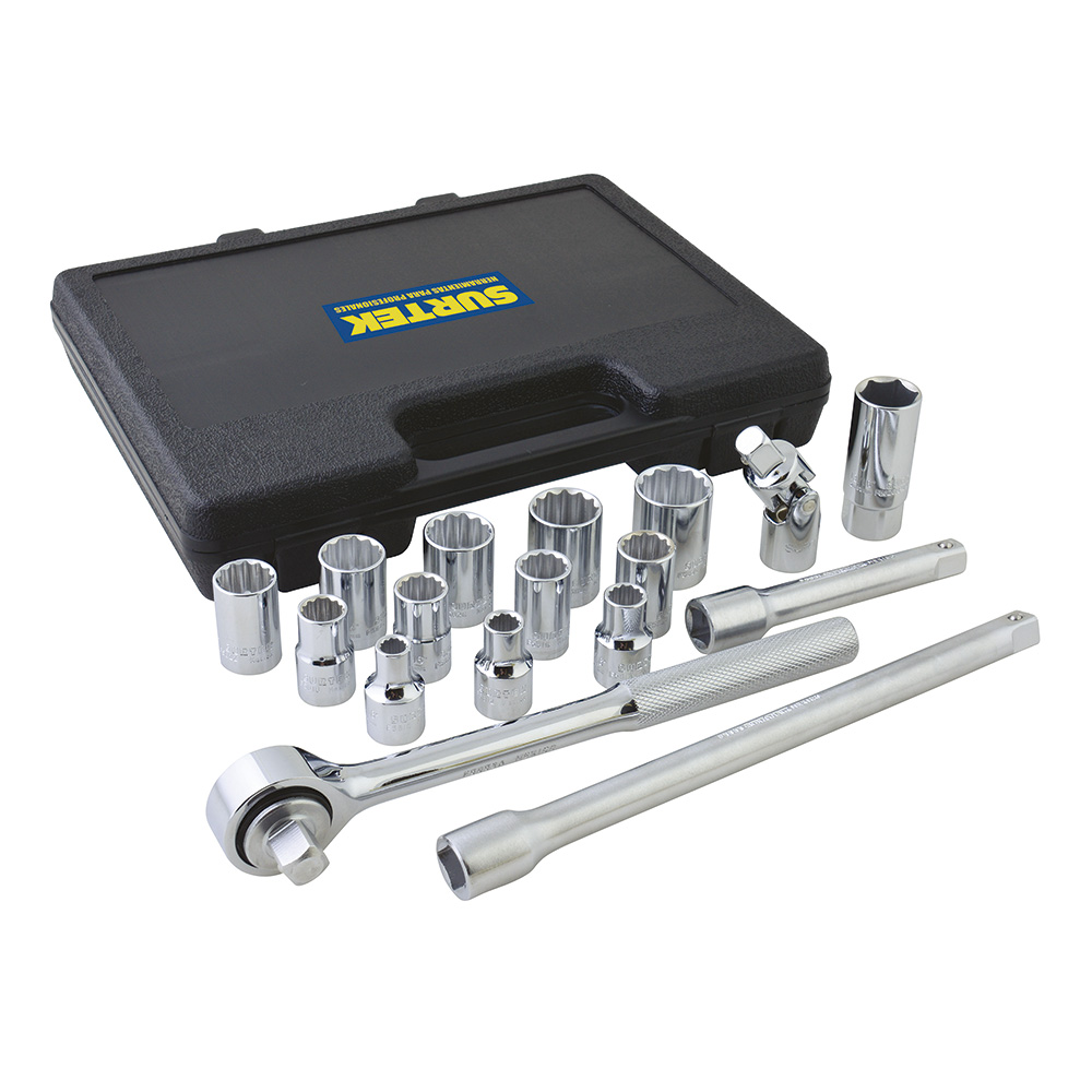 Juego de dados y accesorios cuadro de 1/2" en pulgadas caja plástica, 17 piezas
