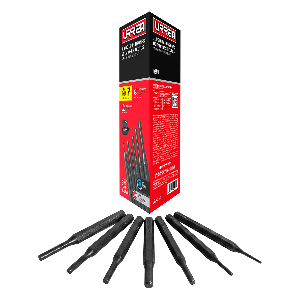 Juego de punzones botadores rectos, 7 piezas en caja
