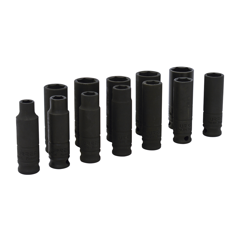 Juego de dados de impacto largos cuadro de 3/8", 6 puntas, métricos, 11 piezas