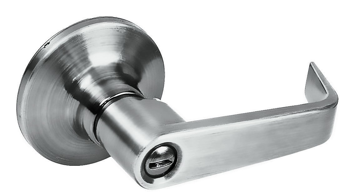 Manija tubular plana función baño, níquel satinado, llave estándar, blíster