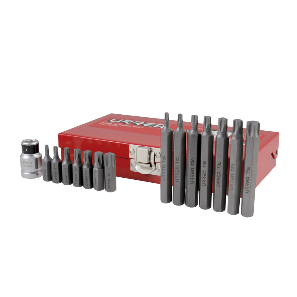 Juego de puntas Torx hexágono de 3/8" con adaptador, 15 piezas en caja metalica