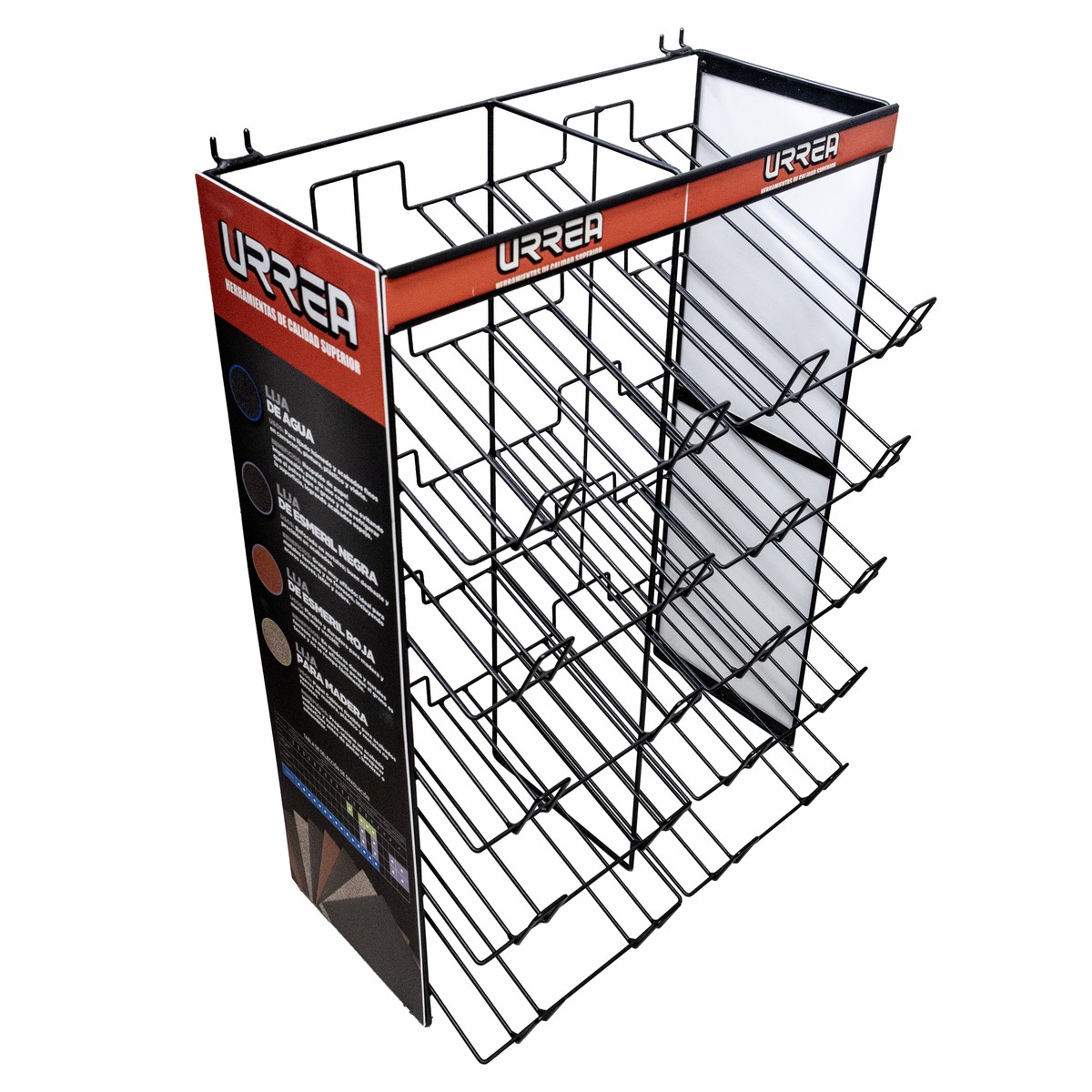 Rack despachador de mostrador y panel perforado para lijas, 10 charolas, 65 cm x 50 cm